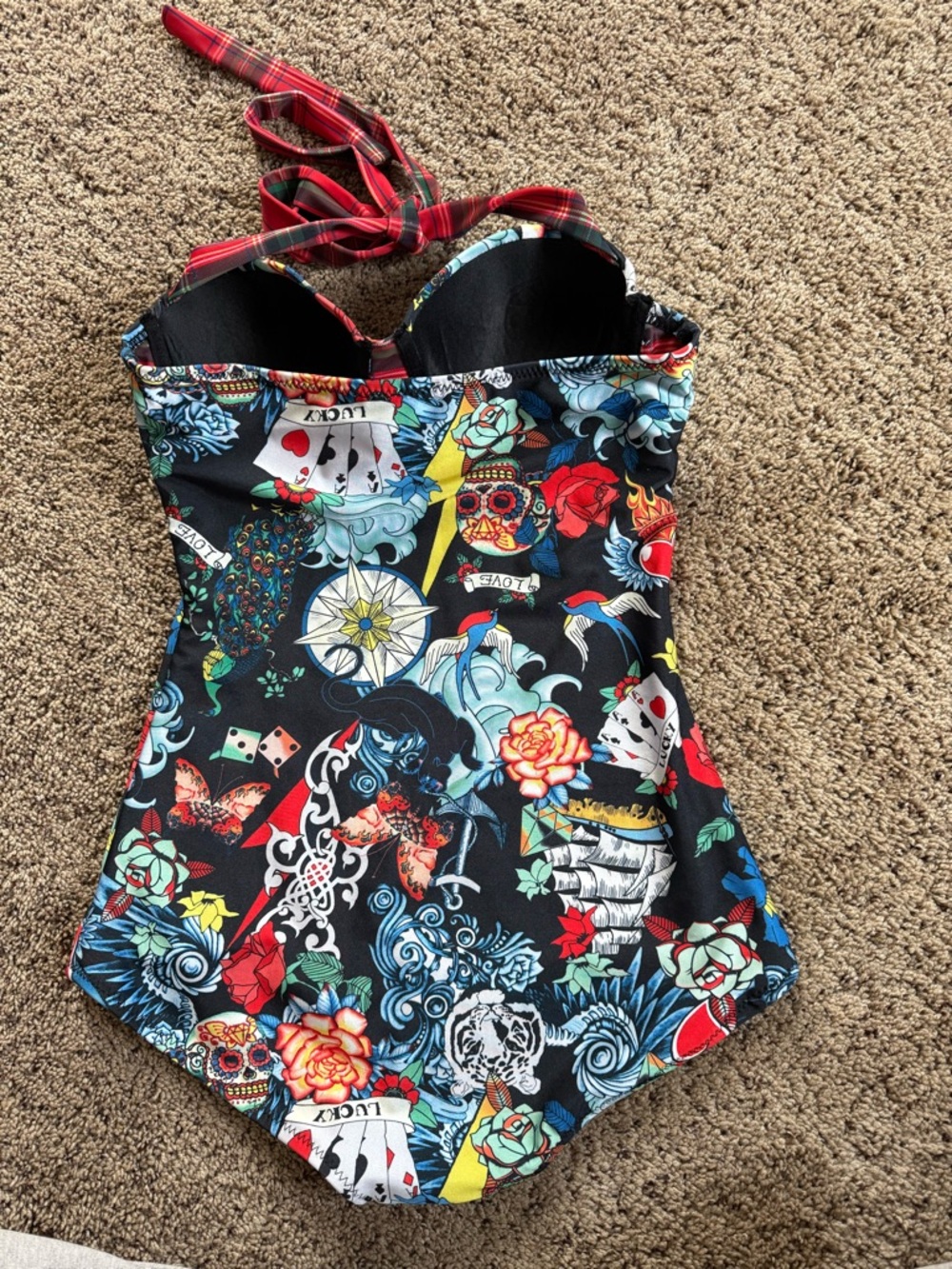 Tattoo Floral Black One-Piece Swimsuit with Red Accents - Picture 2 of 3
